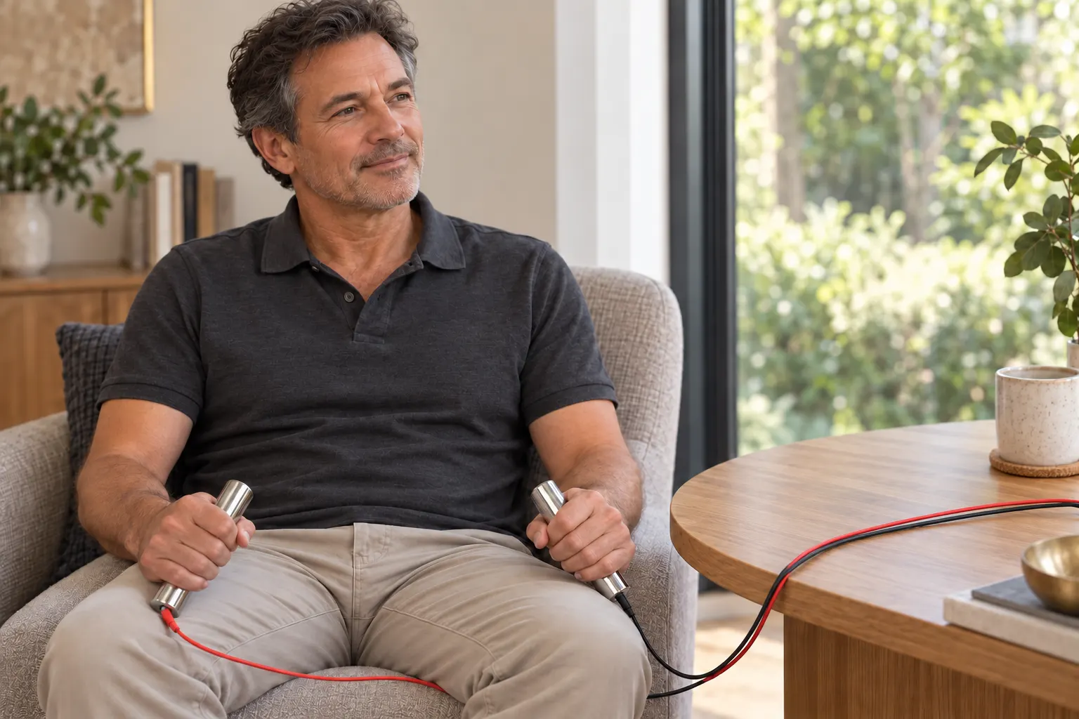A seated man holding one stainless steel cylinder in each hand, with separate red and black leads connected at the ends