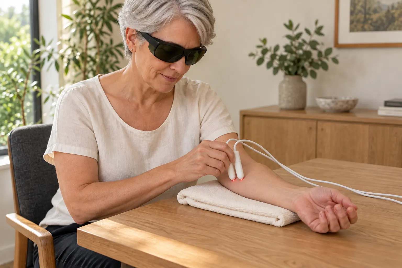 A woman wearing protective glasses holds two cold-laser applicators against her forearm