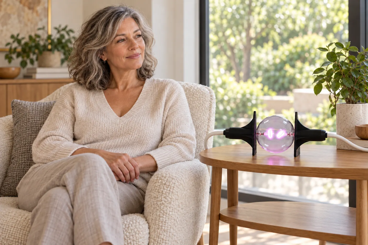 A woman seated beside a glowing spherical Phanotron plasma tube on insulated supports, without touching the glass
