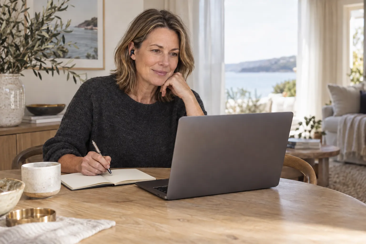 A woman taking part in a laptop consultation at home, with an open notebook beside her
